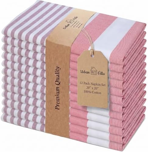 Urban Villa Cloth Napkins Cotton 20x20 (Set of 12) Garnet Red Stripes by CottonTrends