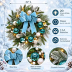 22 Inch Lighted Christmas Wreath with Timer, Blue Bow and Ornaments - Image 3