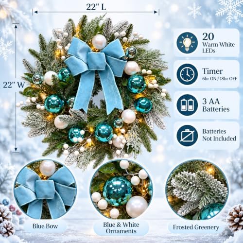 22 Inch Lighted Christmas Wreath with Timer, Blue Bow and Ornaments - Image 3