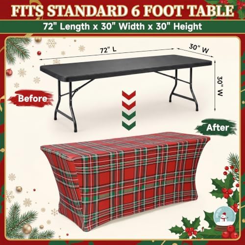 Oudain 2 Pcs Christmas Tablecloth 6 ft Red Green Buffalo Plaid Table Cover - Image 2