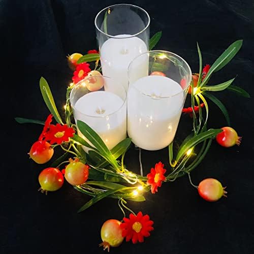 Artificial Pomegranate and Flower Vine Plant Fruit Flowers Leaves Garland with 2M 20 LED Coper Wire String Light Wedding Birthday Indoor Decor Fairy Light (Pomegranate, 4) - Image 4