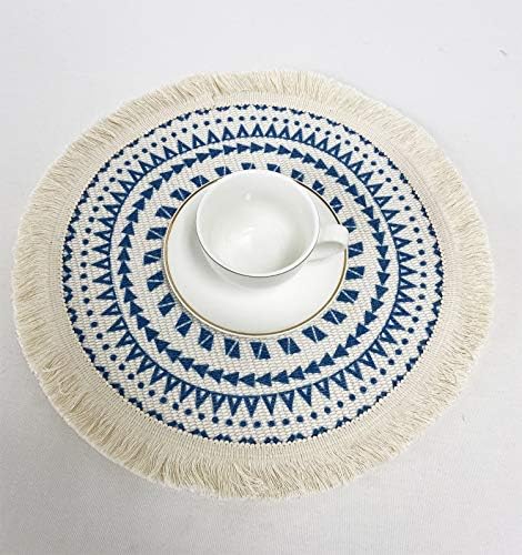 Fennco Styles Boho Geometric Fringe Decorative Cotton Placemats 13-inch Round, Set of 4 - Blue Heat Resistant Insulation Table Mats for Home Decor, Dining Table, Banquets and Special Events - Image 6