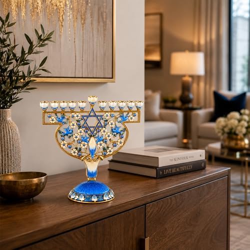 Matashi Hand-Painted Blue & Gold 9-Branch Hanukkah Menorah Candelabra Gift - Image 5