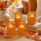 Fall Decorations for Home, Orange Glass Flameless Candles with Remote & Timer, Set of 4 Real Wax LED Pillar Candles with Dancing Flickering Flame, 3" x 4"/5", Halloween Thanksgiving Christmas Decor by Lezonic