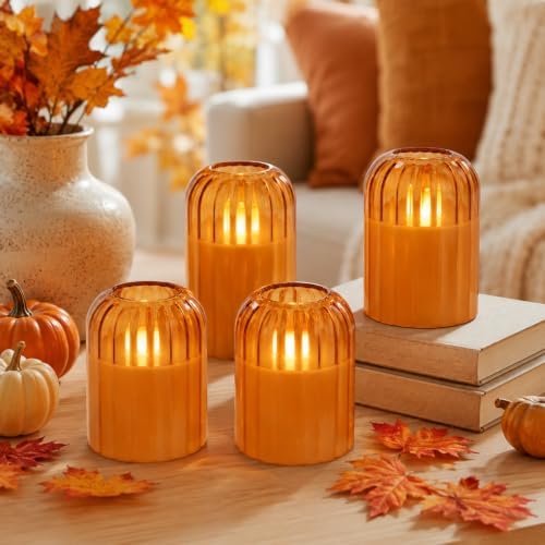Fall Decorations for Home, Orange Glass Flameless Candles with Remote & Timer, Set of 4 Real Wax LED Pillar Candles with Dancing Flickering Flame, 3" x 4"/5", Halloween Thanksgiving Christmas Decor by Lezonic
