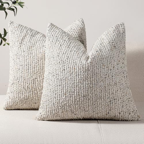 DEZENE Striped Throw Pillow Covers 20x20 Set of 2 Cream Grey Textured Boucle Chic Morden Boho Accent Farmhouse Square Decorative Couch Pillow Covers for Home Decor Bed Sofa Living Room by DEZENE