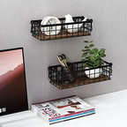 MyGift Set of 2 Black Metal Wire Baskets with Burnt Wood Base Handles - Image 4