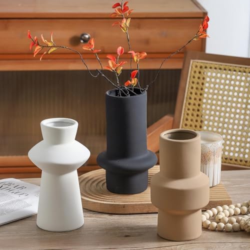 Modern Ceramic Vase Set of 3, 8 inch Simple Geometric Lines Vase for Pampas Grass Dried Fresh Flowers, Home Decor, Bedroom, Living Room, Bookshelf Decoration, Neutral Minimalist Nordic Style - Image 2