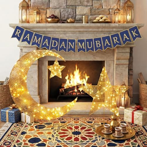 Glooglitter 2.6 ft Pre-lit Eid Mubarak Ramadan Decoration for Moon Star Light Festival Home Decorations Outdoor Lighted Night Lamp Sign with LED Light String for Home Yard Lawn Garden Pathway - Image 2