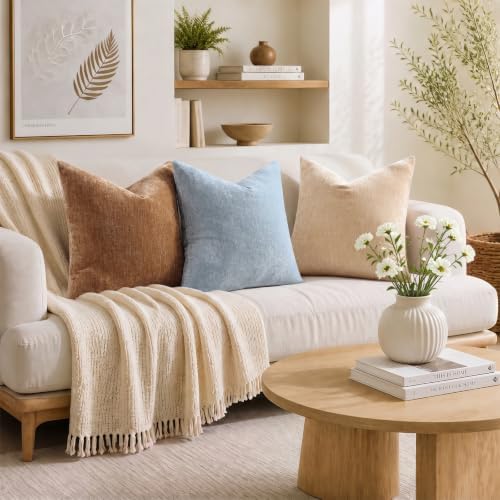 decorUhome Fall Chenille Light Blue Throw Pillow Covers 26x26 Inch Set of 2, Decorative Soft Couch Pillow Covers Solid Dyed Accent Euro Sham Farmhouse Neutral Square Pillow Cases for Sofa - Image 3