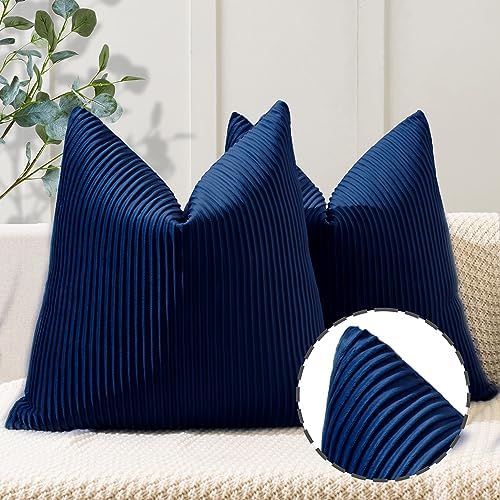 YCOLL Navy Blue Pillow Covers 24x24 Set of 2 Velvet Striped Pattern - Soft Throw Pillows for Home Decor, Luxury Decorative Pillow Covers for Couch, Bed,Living Room by PillowCoversExpert