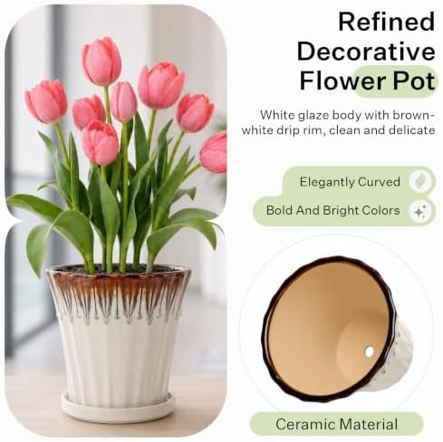 10 Inch Ceramic Planters with Drainage Hole and Saucer,Indoor Outdoor Large Flower Pots, Garden Pot for Plant Lovers (Drip White) - Image 3