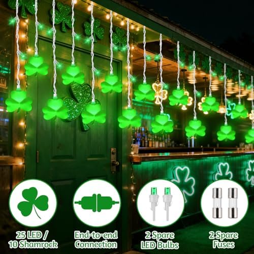 25 LED Green Shamrock Icicle Lights, 6.75FT St. Patricks Day Lights Curtain String Lights with 10 Shamrock & 25 LED Light for Lucky Clover St Patrick's Decorations Indoor Home Window Proch Party Decor - Image 7
