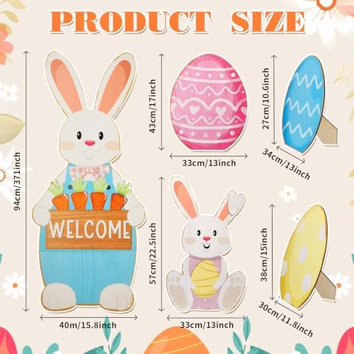 Breezehug 5 Pack Easter Giant Wooden Porch Yard Decorations, 37'' Bunny & Colorful Egg Outdoor Signs with Stands, Welcome Decor for Front Door, Garden, Farmhouse, Spring & Easter - Image 2