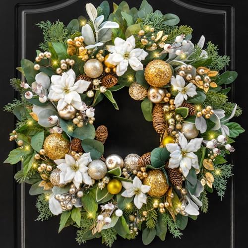 Christmas Wreaths for Front Door with Lights 24 Inch Prelit Christmas Wreath, Christmas Door Wreath with White Flowers, Gold Ornaments, Pine Cones, Greenery & Berries Indoor Outdoor by SoomeirWreath