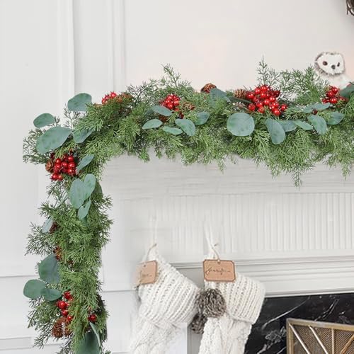 Lvydec Christmas 6Ft Pine Christmas Garland, Realistic Artificial Faux Greenery Garland with Pine Cone,Berry and Eucalyptus Leaves Cypress Garland for Mantle Holiday Fireplace Winter Christmas Decor by Lvydec