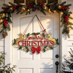 27.5"L Vintage Christmas Wall Decor Metal Xmas Hanging Sign, Merry Christmas Front Door Plaque with Reindeer, Holly and Bow, Rustic Farmhouse Distressed Christmas Welcome Sign for Xmas Home Garden Porch Patio Yard Outdoor Decoration - Image 3
