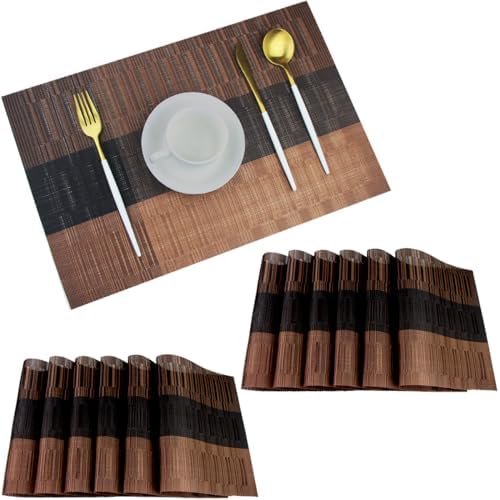 PIGCHCY Vinyl Placemats Set of 12 Washable Durable Kitchen Table Mats Easy to Clean Plastic Placemats for Dining Table (Brown) by PIGCHCY