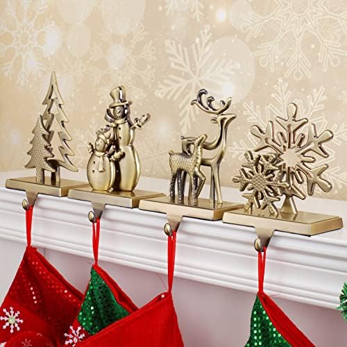 Set of 4 Christmas Stocking Holders for Mantle and Tree - Reindeer, Snowflake, Snowman Designs - Bronze Fireplace Stocking Hangers by Houdezhu