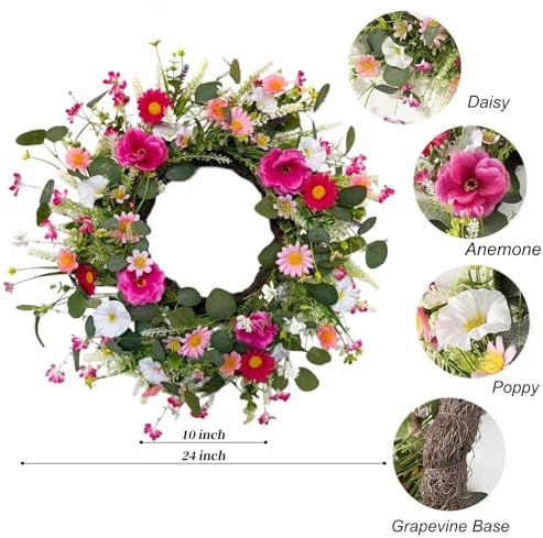 24" Wildflower Wreath for Front Door Daisy Lavender Floral Summer Front Door Wreath with Eucalyptus Greenery for Indoor Outdoor Easter Decor - Image 2
