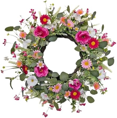 24" Wildflower Wreath for Front Door Daisy Lavender Floral Summer Front Door Wreath with Eucalyptus Greenery for Indoor Outdoor Easter Decor by BeigeOk