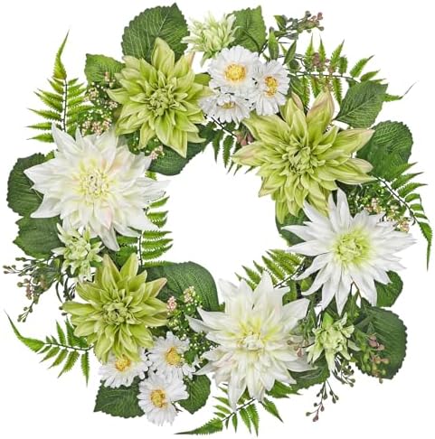 Briful 20in Artificial Dahlia Flower Wreath for Front Door Large Silk Dahlia Daisy Floral Wreath Fake Hanging Greenery Wreaths for Spring Summer Home Wall Window Mantle Outdoor Porch Décor by Briful