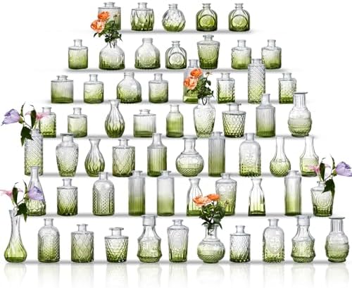 Glass Bud Vase Set of 60 - Small Vases for Flowers in Bulk - Assorted Vintage Crystal Vases for Flowers, Table Centerpieces (Green, 60 Pcs) by Ulodimi