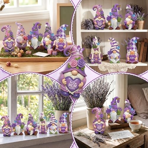 Simgoing 6 Pcs Purple Lavender Gnomes Mother's Figurines Lavender Gnomes with Best Mom Ever, Mom Resin Statues Table Decor for Mum Grandma Birthday Party Tabletop Home Centerpieces Tiered Tray Decor - Image 5