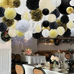 WOLHOWLTD Black Gold White Paper Decoration Set - 40Pcs Paper Lanterns, Pompoms, Honeycomb for Wedding,Retirement, Birthday, Graduation, Engagement,New Year Home Decoration(Gold Black Beige White) - Image 3