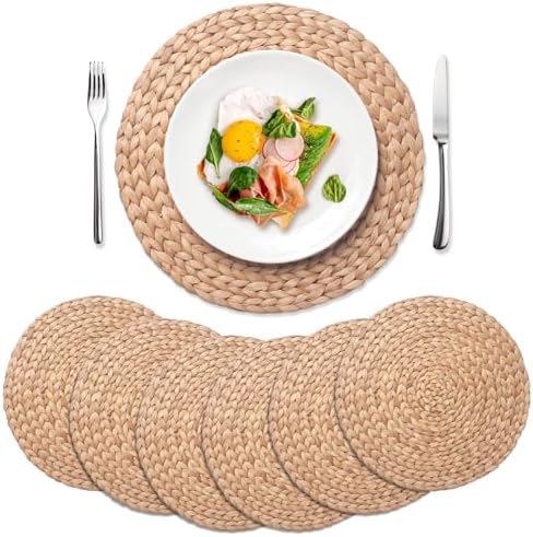 6 Pack, Round Woven Placemats, Natural Water Hyacinth Place mats, Braided Straw Table Mats for Dining Table, Christmas Placemats Set of 6 (15 inch) by YANGQIHOME