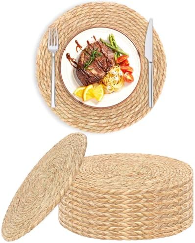 Round Woven Placemats Set of 12，13.8 Inch Natural Rattan Placemats Hand-Woven Water Hyacinth Placemat Farmhouse Rustic Braided Boho Wicker Table Mats for Dining Table Wedding Home (13.8 Inch) by Unknown