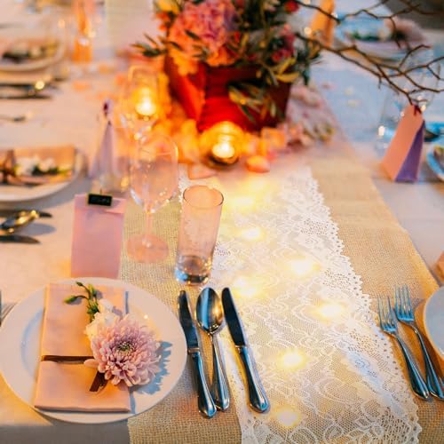 Xinnun 6 Pcs Burlap Table Runners with Lights Lace, 12 x 108 in, Flower - Image 4