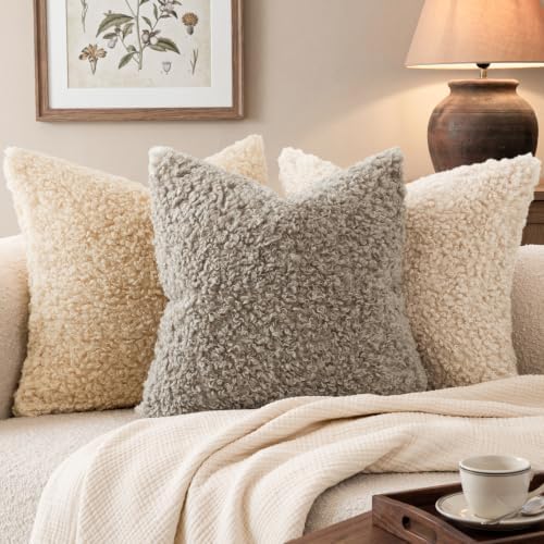 Foindtower Decorative Fuzzy Faux Fur Throw Pillow Covers 24x24 Light Grey - Image 4