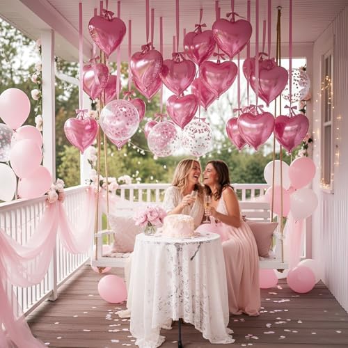 Jenaai 30 Set Heart Foil Balloon with Bow, Pink - Image 6