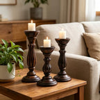 Hosley Set of 3 Dark Brown Wood Pillar Candle Holders 13 Inches 11 Inches and 9 Inches High Ideal for LED and Pillar Candles Gifts for Weddings Party Home Spa Reiki Aromatherapy - Image 6