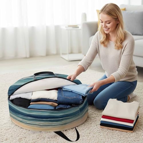 Abstract Ocean Round Storage Bag 36 Inch, Dark Blue Ripple Sunset Minimalist Art Clothes Storage Container with Handles Heavy Duty Organizer for Comforter, Bedding & Holiday Wreaths - Image 3