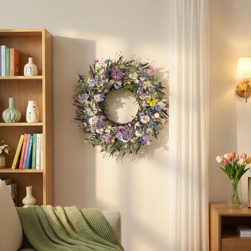 Wildflower Spring Wreaths for Front Door 24 Inch, Blue Summer Door Wreath - Image 5