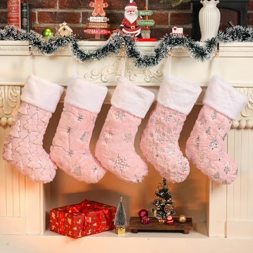 Pink Christmas Stockings Set of 5 - Lage Elegant Faux Fur Xmas Stockings with Silver Christmas Tree Snowflake Designs, Pink Christmas Decoration for Holiday Party Home by Unknown
