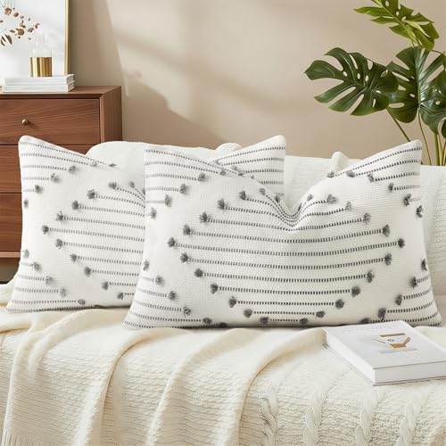 Mecatny Boho Outdoor Throw Pillow Covers 12x20 Set of 2 Grey & Cream White by Mecatny