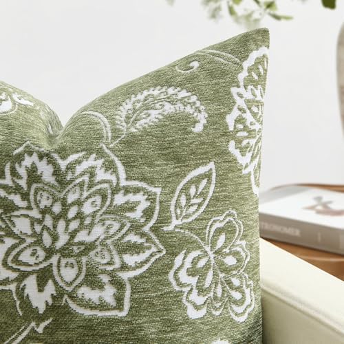 Set of 2 Chenille Floral Pillow Covers 20x20 Inch Sage Green - Image 6
