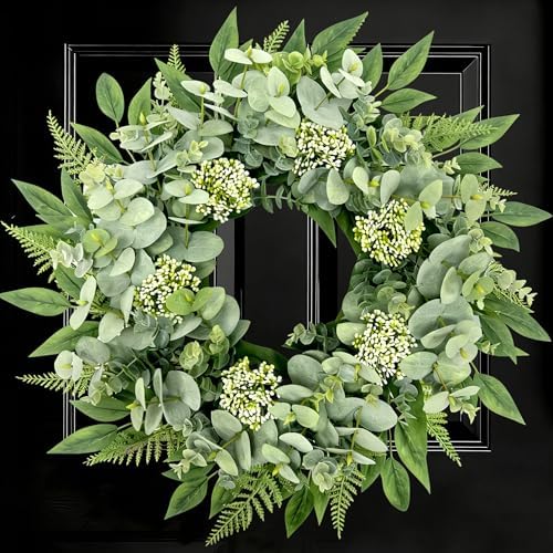 24" Faux Eucalyptus Fern Wreath for Front Door, Year-Round Farmhouse by Unknown