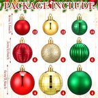 Lunmon 64 Pcs Christmas Ball Ornaments for Christmas Tree Glitter Red Gold Green Ball Ornament Hanging Christmas Decoration Assorted Size Christmas Ornament for Party Supplies, 1.6/1.97/2.4 Inch - Image 3