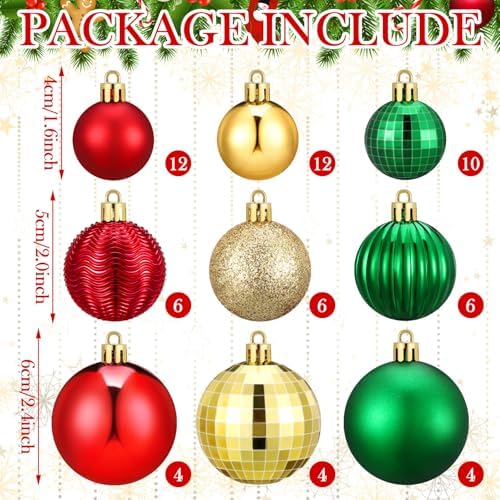 Lunmon 64 Pcs Christmas Ball Ornaments for Christmas Tree Glitter Red Gold Green Ball Ornament Hanging Christmas Decoration Assorted Size Christmas Ornament for Party Supplies, 1.6/1.97/2.4 Inch - Image 3