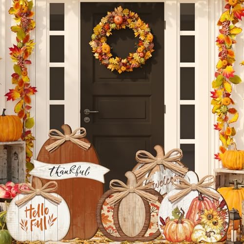 GlikCeil 5 Pcs Fall Pumpkin Signs Thankful Outdoor Thanksgiving Decor - Image 4