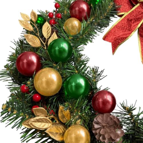 24" Pre-Lit Christmas Wreath with Red Bows for Front Door Decorations - Image 2