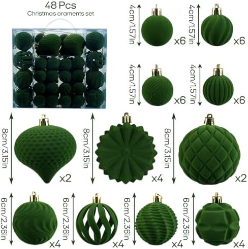 48 Pcs Velvet Christmas Ball Ornaments,Flocked Christmas Tree Decorations,Xmas Tree Decor,Hanging Balls Ornaments with Loop,Decoration for Xmas,Holiday,Wedding,Home Decor,Multi-Shape (Green) - Image 2