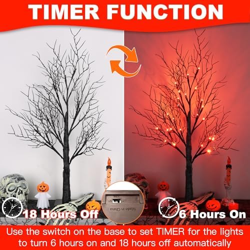 Halloween Decorations Indoor 2 Pack 24 Inch Black Halloween Tree with 48 Orange Red Led Lights, Timer/USB/Battery Operated Lighted Tabletop Spooky Tree for Halloween Table Decor Home Office Party - Image 4