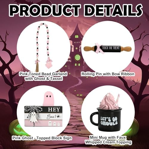Pink Halloween Decorations 8PCS Tiered Tray Decor for Home Office - Image 4