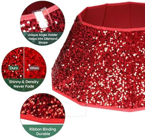 HarcoHome Sequin Christmas Tree Collar, Sparking 26" D Foldable Dazzling Handcrafed Christmas Tree Ring for Christmas Decoration (Red Sequins, Diamond) - Image 3