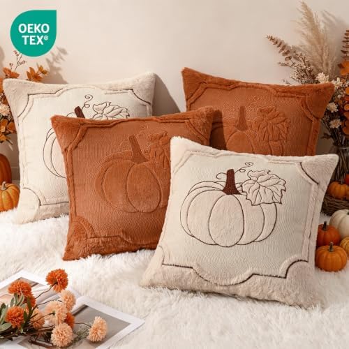 Fall Throw Pillow Covers 18x18 Set of 4 Beige & Orange Pumpkin Pillow Cover - Image 4